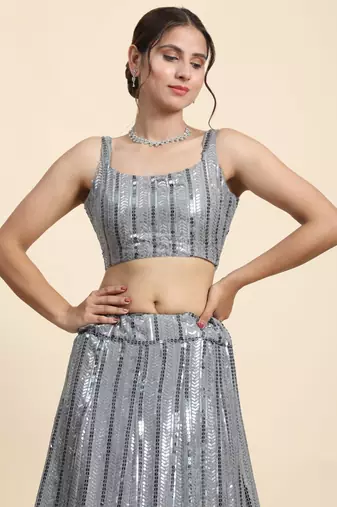 Spellbinding Grey Thread And Sequins Embroidered Georgette Lehenga Choli For Bride