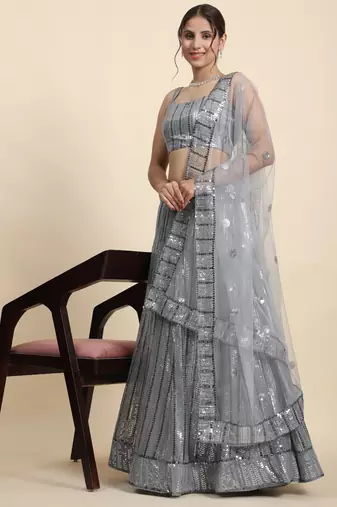 Spellbinding Grey Thread And Sequins Embroidered Georgette Lehenga Choli For Bride