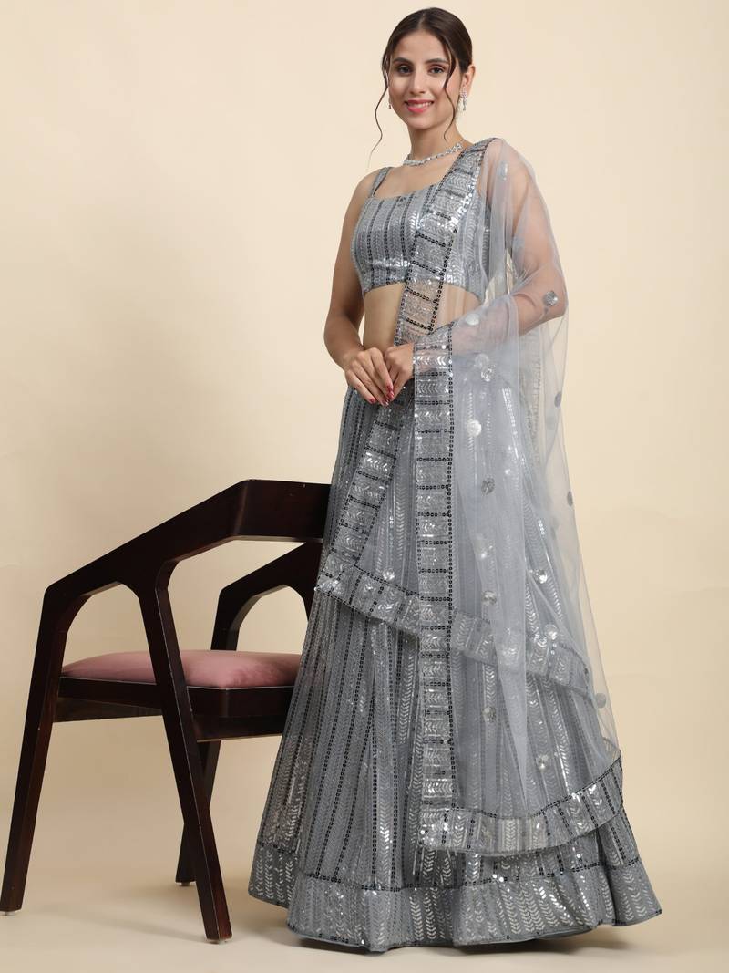 Spellbinding Grey Thread And Sequins Embroidered Georgette Lehenga Choli For Bride