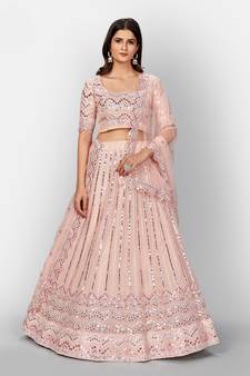 beauteous Peach thread embroidered with Foil Mirror Soft Tissue organza semi stitched lehenga