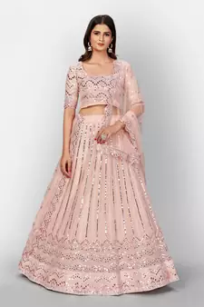 beauteous Peach thread embroidered with Foil Mirror Soft Tissue organza semi stitched lehenga