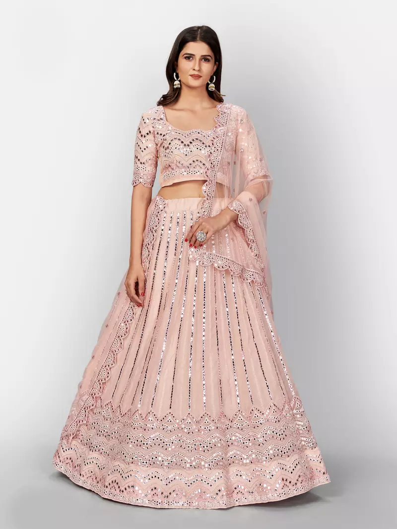 beauteous Peach thread embroidered with Foil Mirror Soft Tissue organza semi stitched lehenga