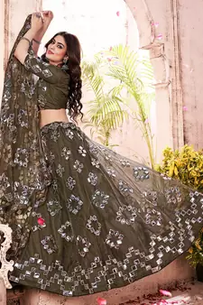 taking Dark-green thread embroidery net semi stitched lehenga