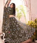 taking Dark-green thread embroidery net Semi Stitched Lehenga