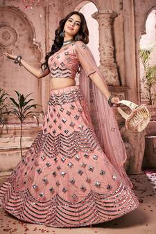 heavenly Light-peach thread embroidery net semi stitched lehenga