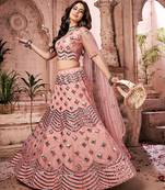 heavenly Light-peach thread embroidery net Semi Stitched Lehenga