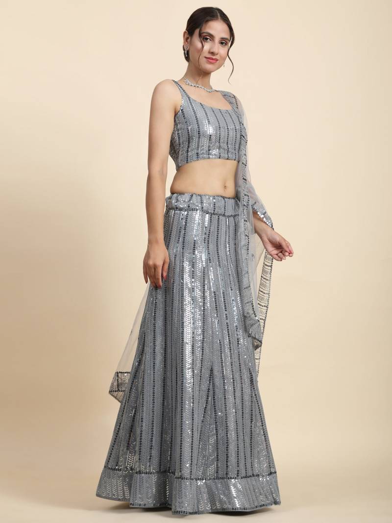 Spellbinding Grey Thread And Sequins Embroidered Georgette Lehenga Choli For Bride