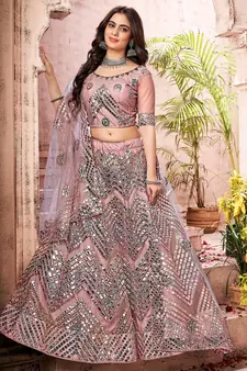 adorbs Dark-peach thread embroidery net semi stitched lehenga