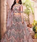 adorbs Dark-peach thread embroidery net Semi Stitched Lehenga