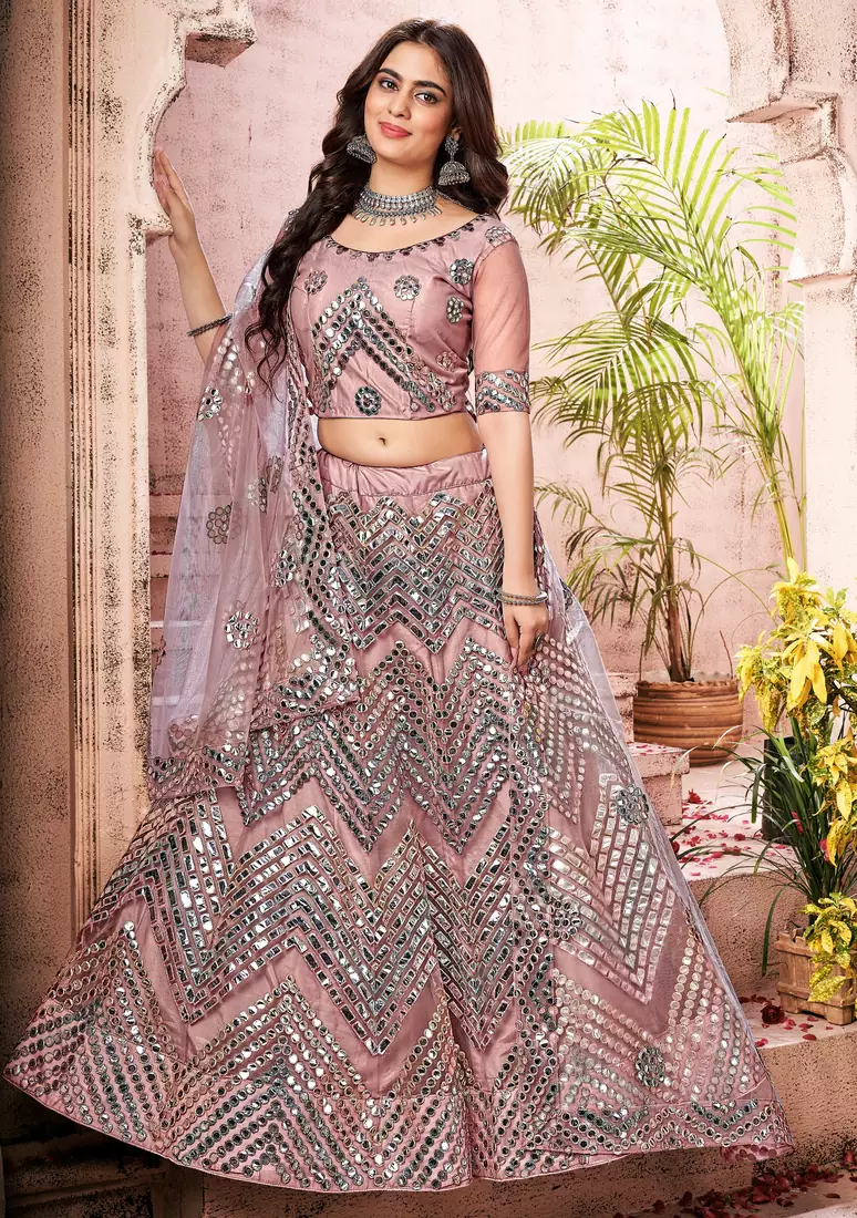 adorbs Dark-peach thread embroidery net semi stitched lehenga