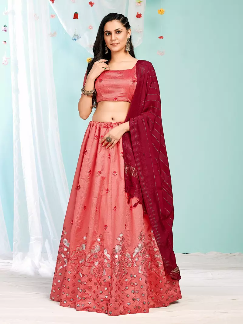 gorgeous Peach gotta patti satin semi stitched lehenga