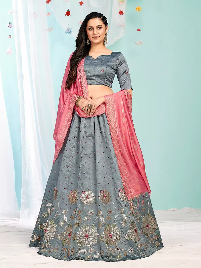 smashing Grey gotta patti satin semi stitched lehenga