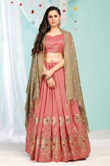 eay-catching Peach gotta patti with zari Embroidered satin semi stitched lehenga