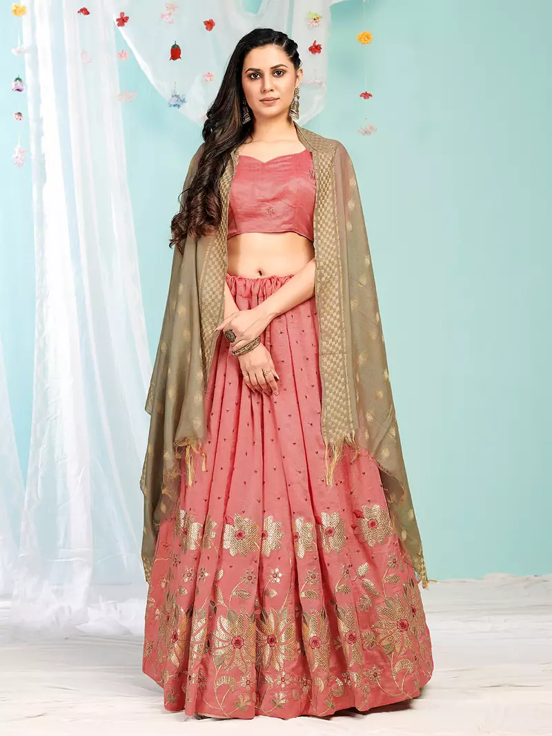 eay-catching Peach gotta patti with zari Embroidered satin semi stitched lehenga
