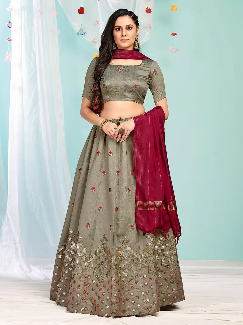 babelicious Grey gotta patti satin semi stitched lehenga