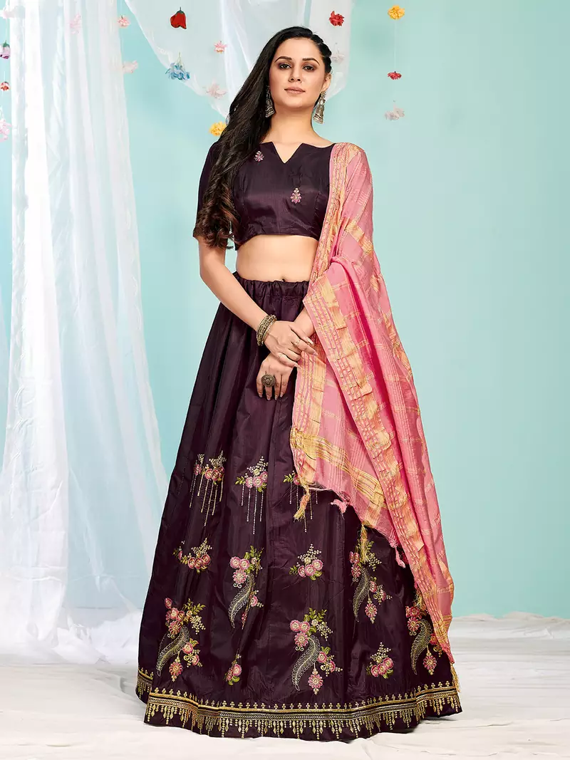 nice Wine gotta patti satin semi stitched lehenga