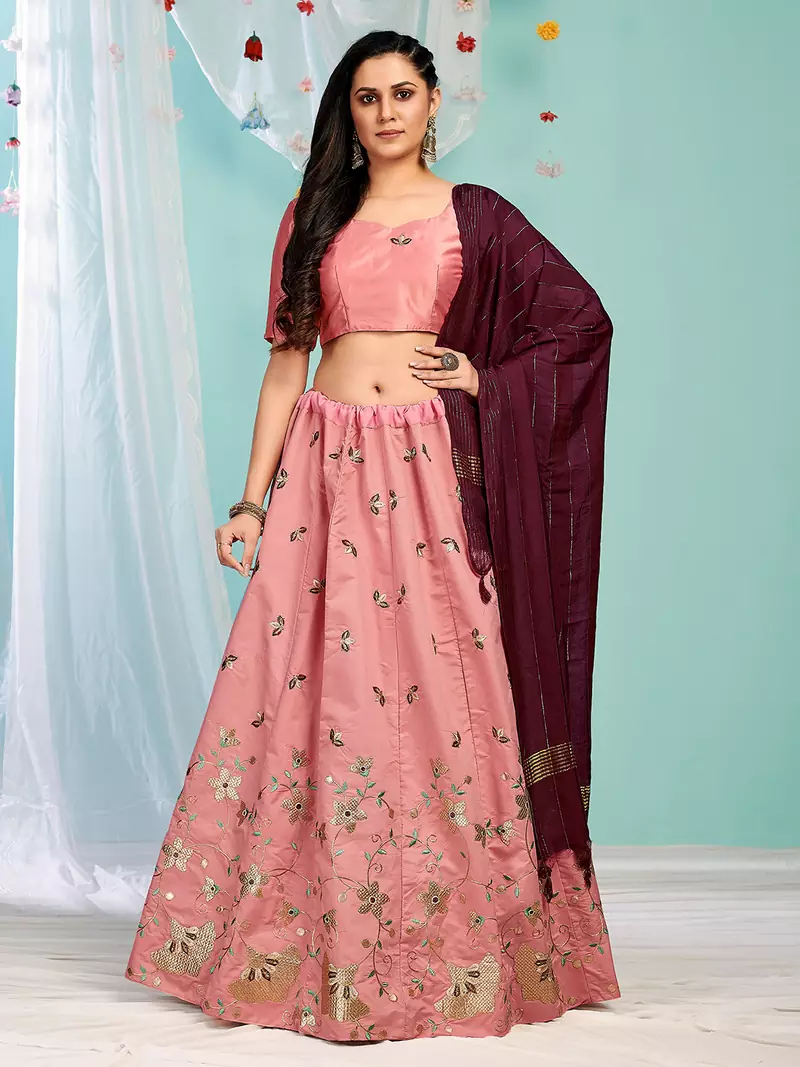 bodacious Peach gotta patti satin semi stitched lehenga