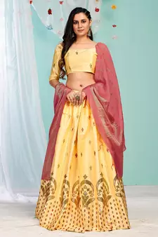 archaic Yellow gotta patti satin semi stitched lehenga