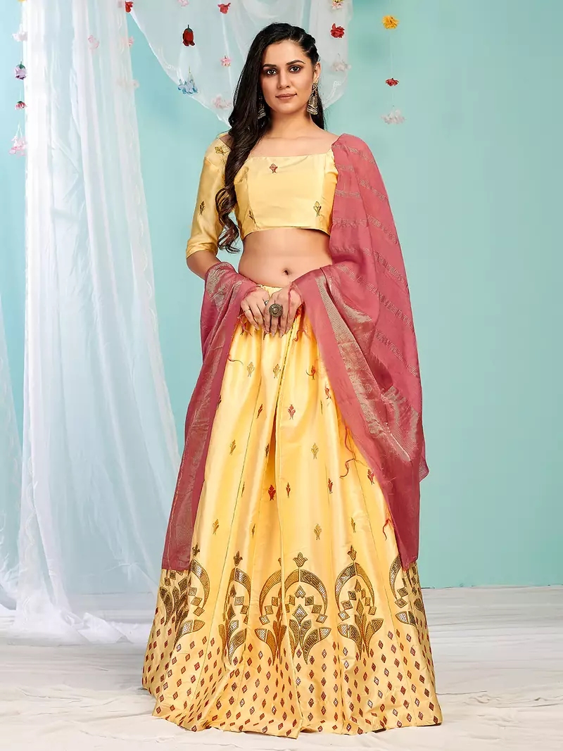 archaic Yellow gotta patti satin semi stitched lehenga