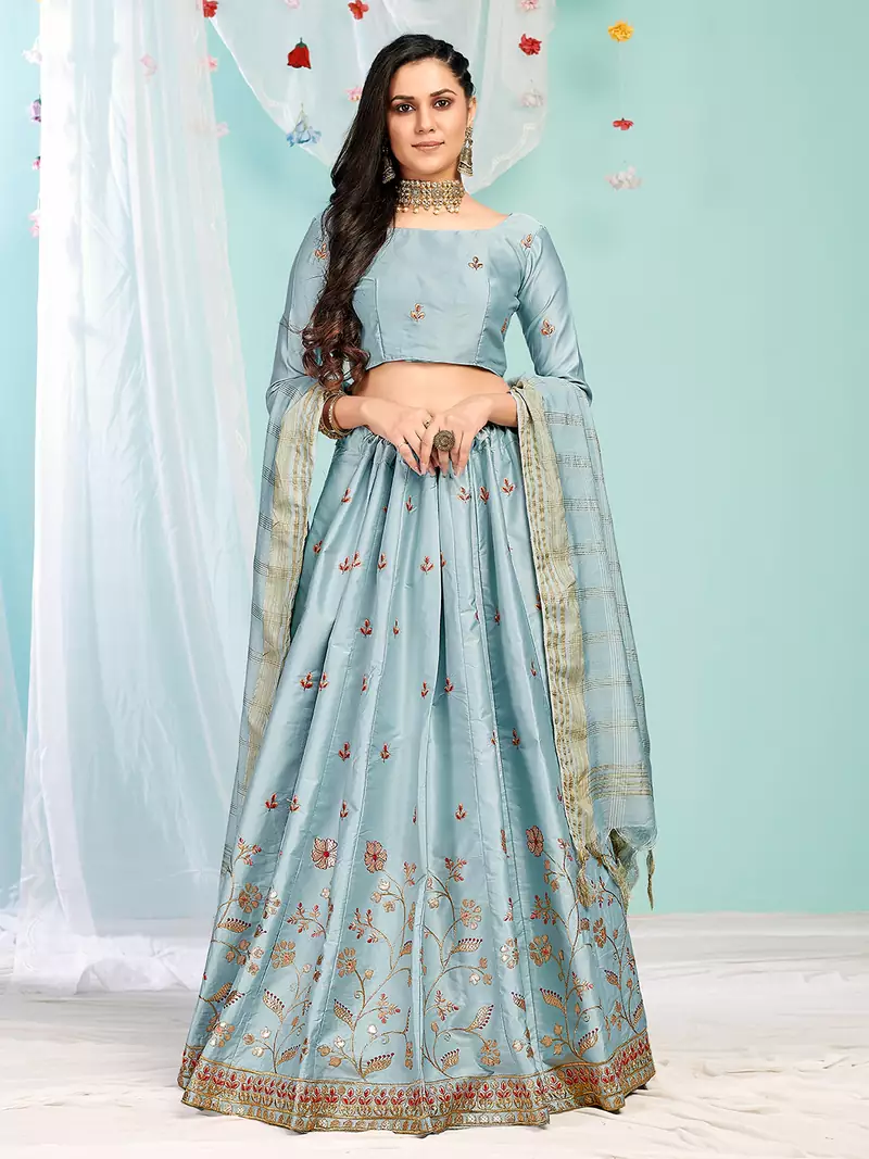 Interesting Grey gotta patti satin semi stitched lehenga