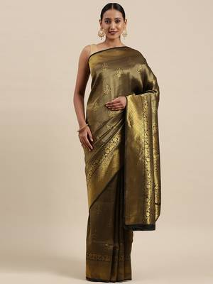 Black woven pure dupion silk saree with blouse 1