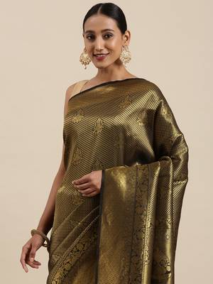 Black woven pure dupion silk saree with blouse 2