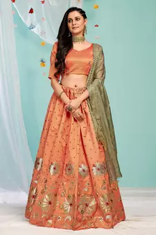Entertaining Orange gotta patti with zari Embroidered satin semi stitched lehenga