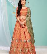 Entertaining Orange gotta patti with zari Embroidered satin Semi Stitched Lehenga