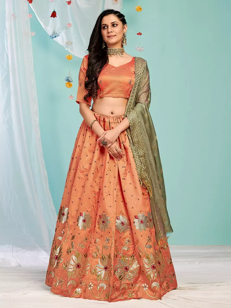 Entertaining Orange gotta patti with zari Embroidered satin semi stitched lehenga