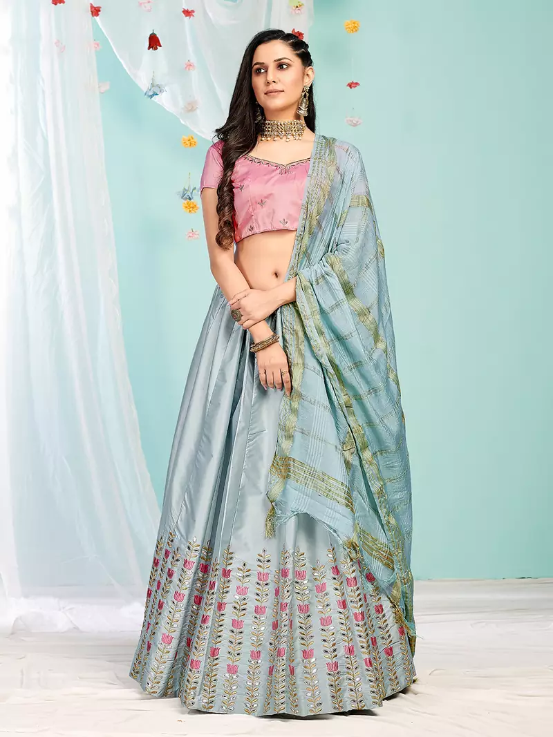 ambrosia Grey gotta patti satin semi stitched lehenga