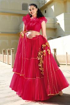 Mesmerizing Rani-pink gotta patti net semi stitched lehenga