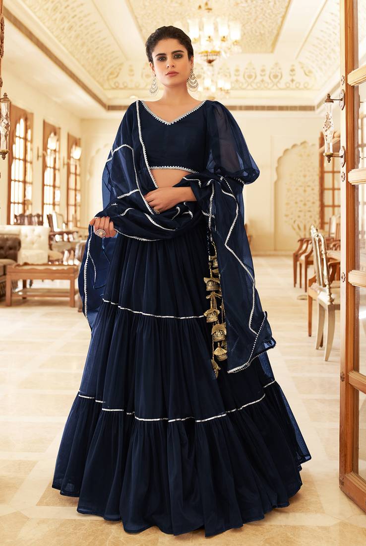 Catching Navy-blue gotta patti net semi stitched lehenga
