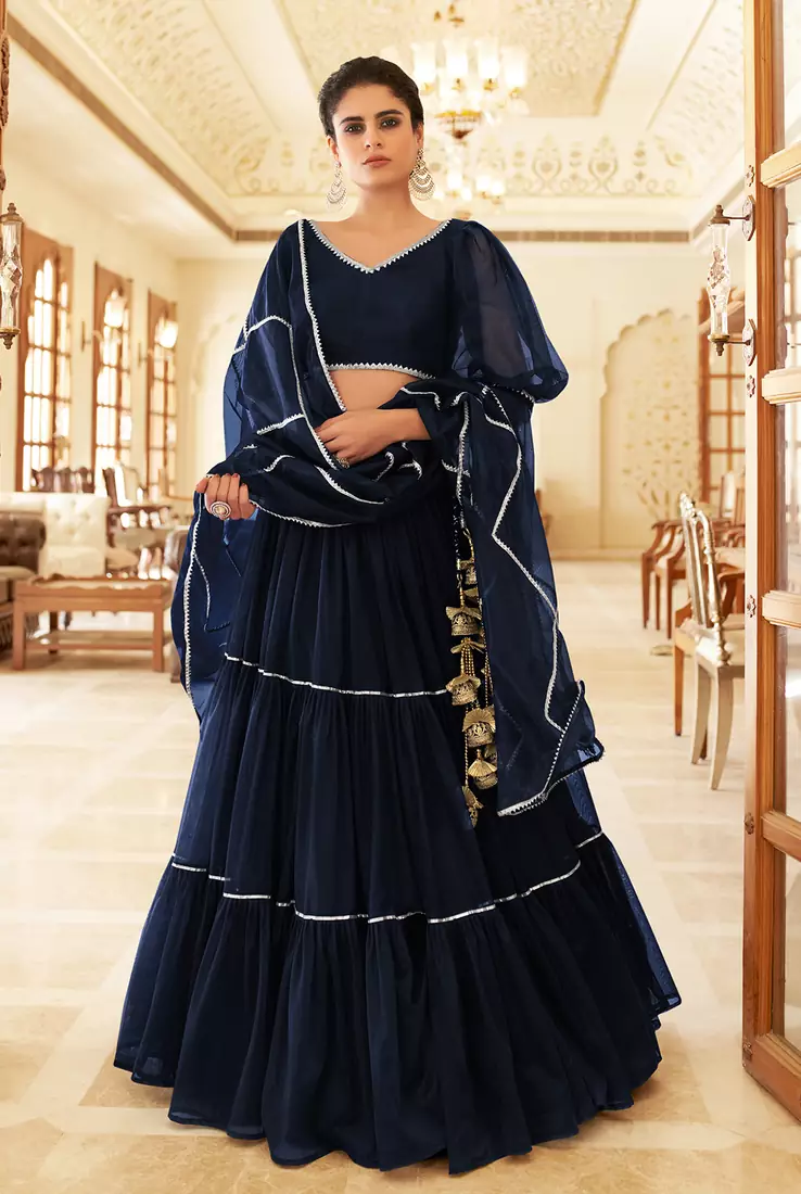 Catching Navy-blue gotta patti net semi stitched lehenga