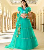 Delightful Sky-blue gotta patti net Semi Stitched Lehenga