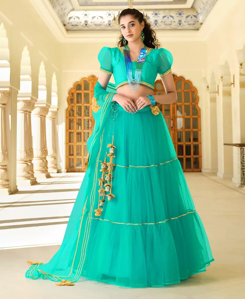 Delightful Sky-blue gotta patti net semi stitched lehenga