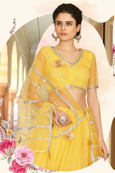 Bewitching Yellow gotta patti net semi stitched lehenga