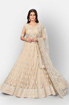 Fetching Beige thread and Zari Embroidered net semi stitched lehenga