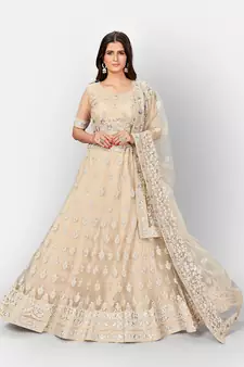 Fetching Beige thread and Zari Embroidered net semi stitched lehenga