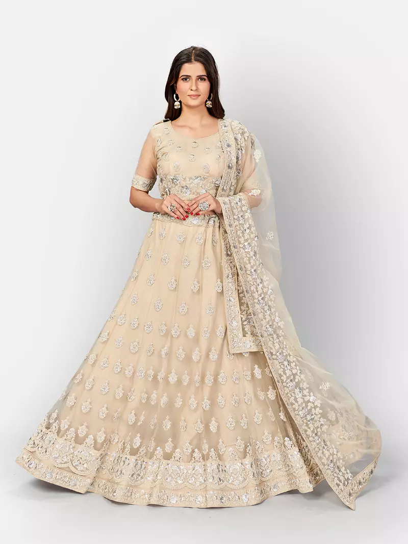 Fetching Beige thread and Zari Embroidered net semi stitched lehenga