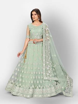 glamourous Light-green thread and Zari Embroidered net Semi Stitched Lehenga 2