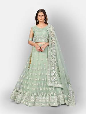 glamourous Light-green thread and Zari Embroidered net Semi Stitched Lehenga 1
