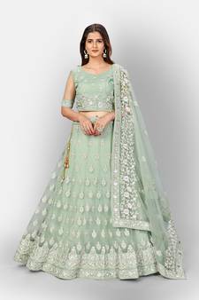 glamourous Light-green thread and Zari Embroidered net semi stitched lehenga