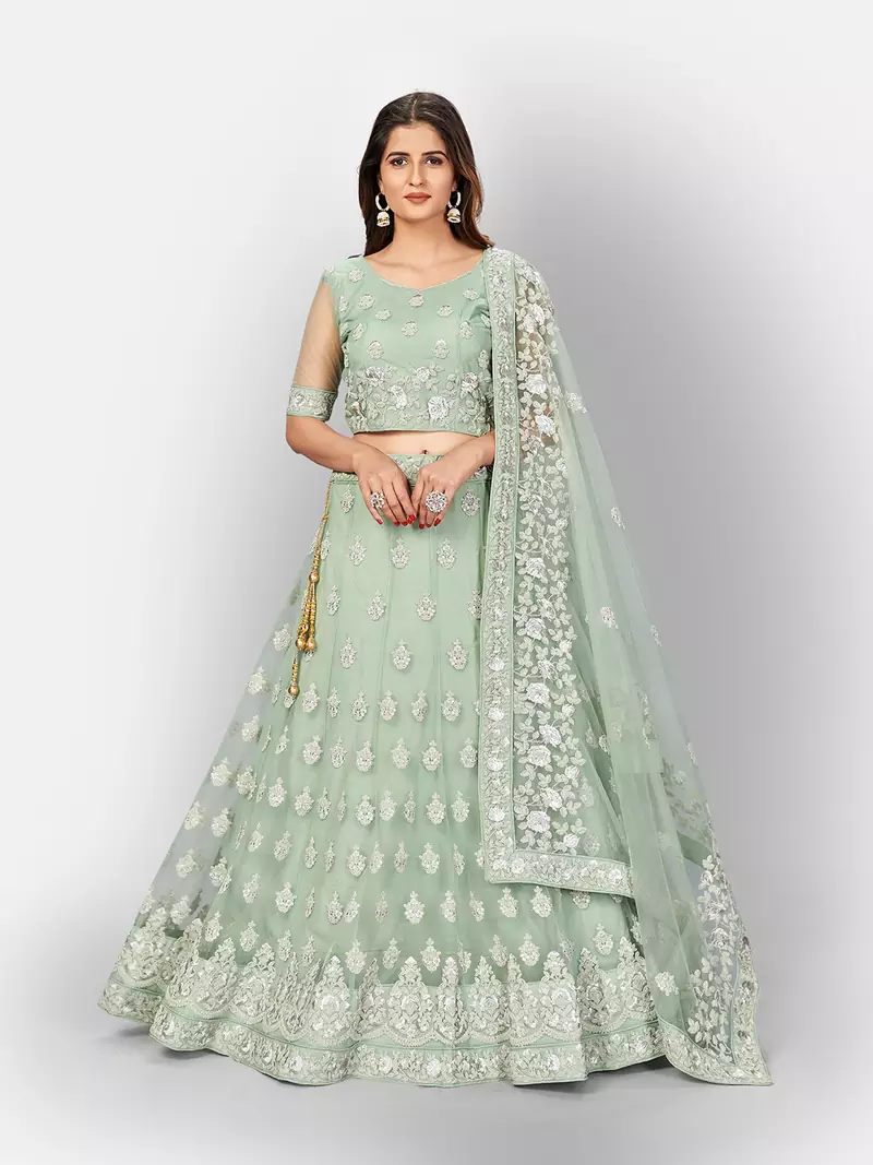 glamourous Light-green thread and Zari Embroidered net semi stitched lehenga
