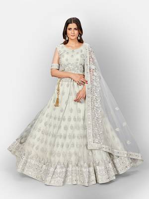 Glamorous Grey thread and Zari Embroidered net Semi Stitched Lehenga 1