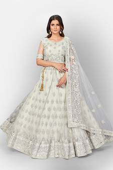 Glamorous Grey thread and Zari Embroidered net semi stitched lehenga