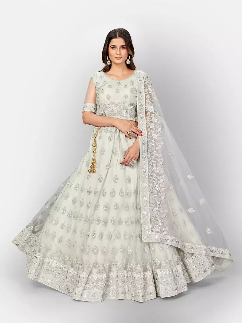 Glamorous Grey thread and Zari Embroidered net semi stitched lehenga