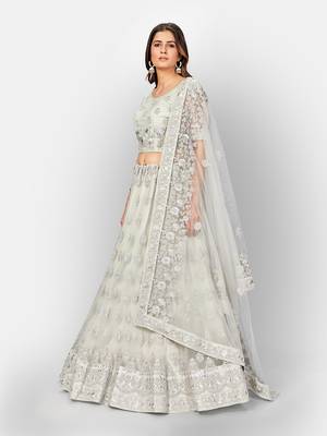 Glamorous Grey thread and Zari Embroidered net Semi Stitched Lehenga 2