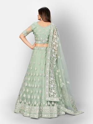 glamourous Light-green thread and Zari Embroidered net Semi Stitched Lehenga 4