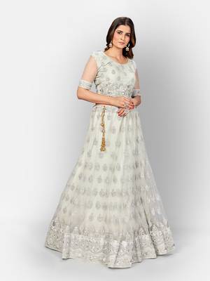 Glamorous Grey thread and Zari Embroidered net Semi Stitched Lehenga 3