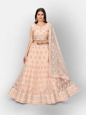 Graceful Peach thread and Zari Embroidered net Semi Stitched Lehenga 1